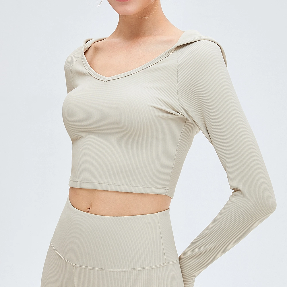 Women&prime; S Stretch Cutout Yoga Sports Tee Long Sleeve Crop Top T Shirts Hooded Thumb Holes