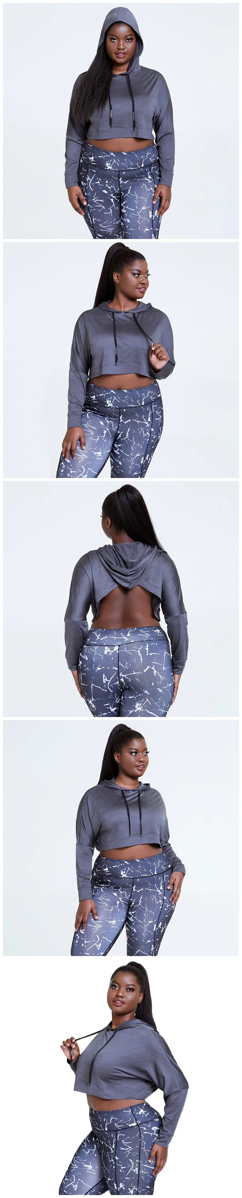 Plus Size Activewear Yoga Three-Quarter Hoodie Open Back Long Sleeve Workout Crop Tops Women Fitness Sportswear Hooded Gym T Shirt