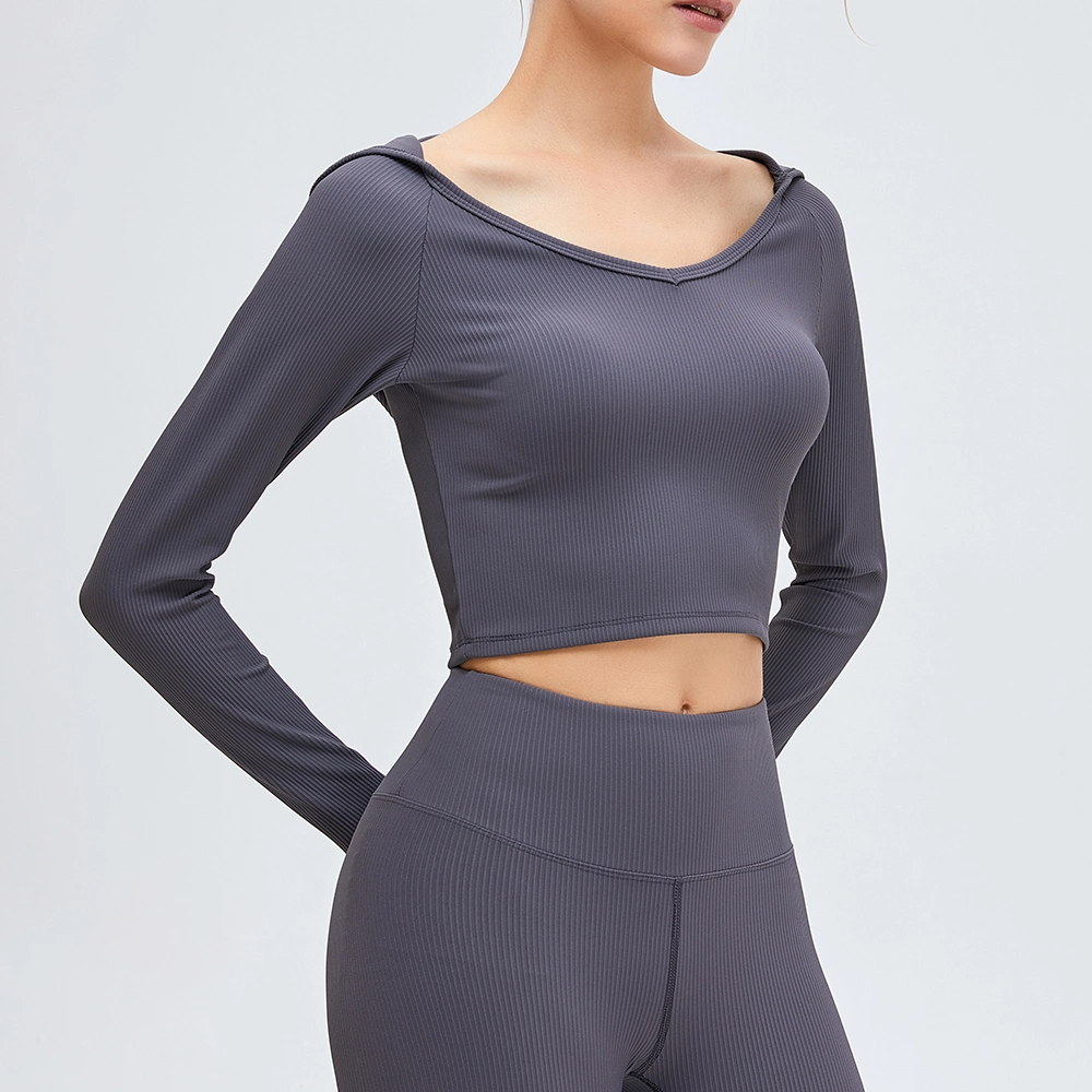 Women&prime; S Stretch Cutout Yoga Sports Tee Long Sleeve Crop Top T Shirts Hooded Thumb Holes