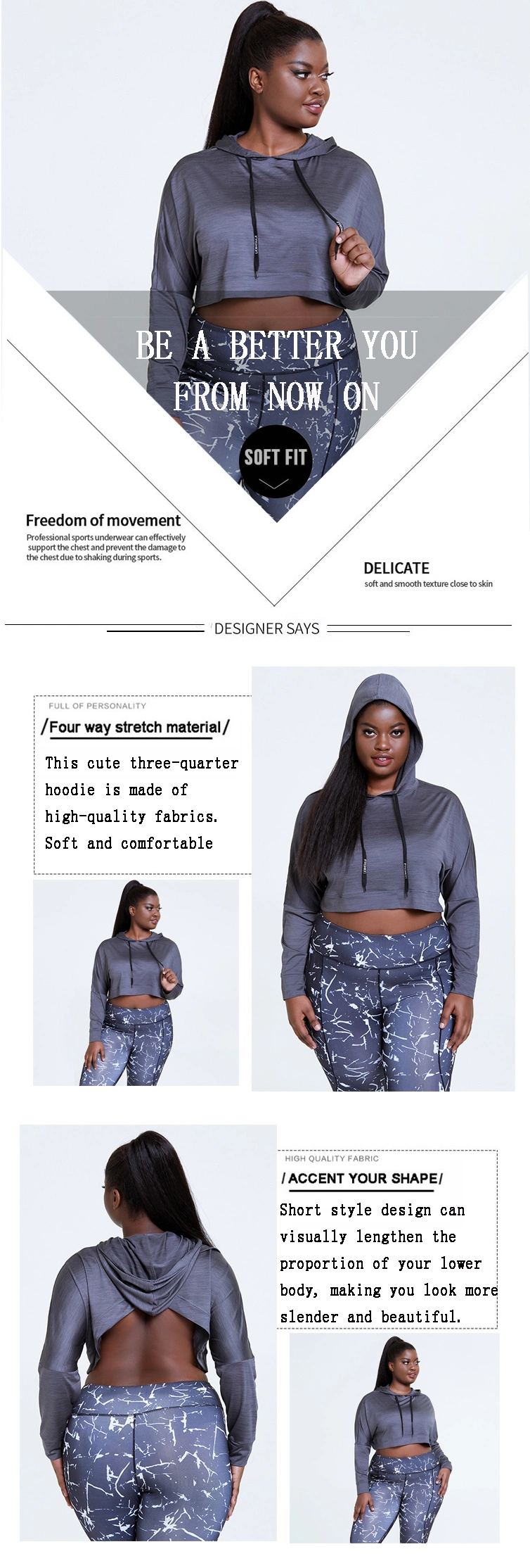 Plus Size Activewear Yoga Three-Quarter Hoodie Open Back Long Sleeve Workout Crop Tops Women Fitness Sportswear Hooded Gym T Shirt